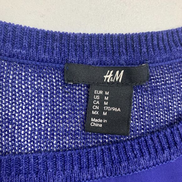 H&M Mixed Media Top Women M Deep Blue Contrast Open Knit Long Sleeve High Low - Picture 9 of 16